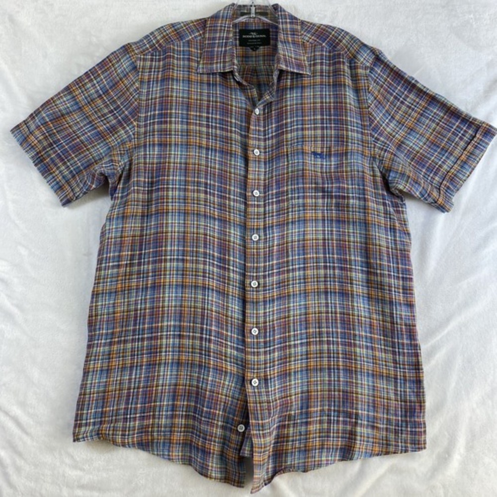 Rodd & Gunn Button Up Shirt Men's Sz L Plaid 100% Linen Short Sleeve Resort